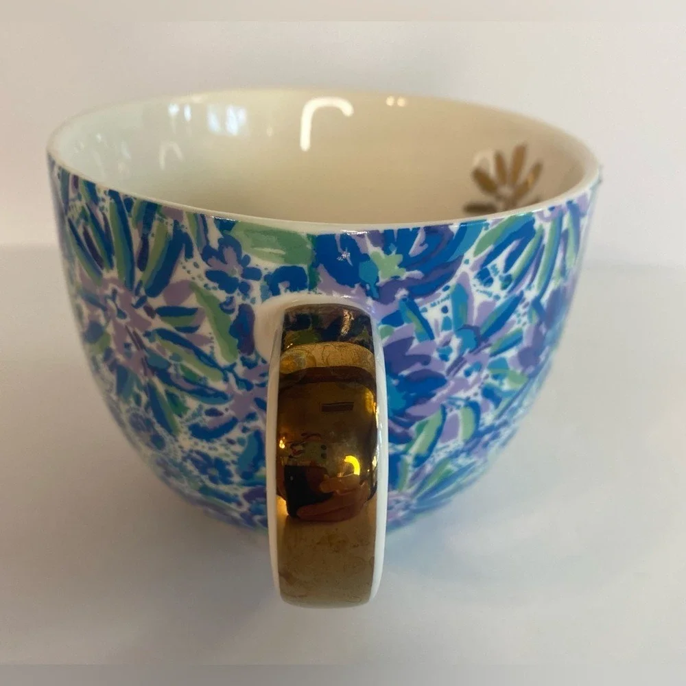 Lilly Pulitzer Coffee Cup Mug Blue Floral with Gold Handle